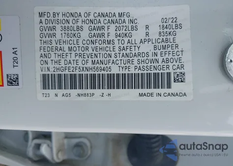 2022 Honda Civic Sport from USA, damaged, VIN 2HGFE2F5XNH569405